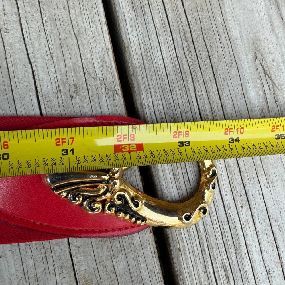 Vintage 80s Red Elastic Cinch Belt Gold Baroque Filigree Buckle Statement